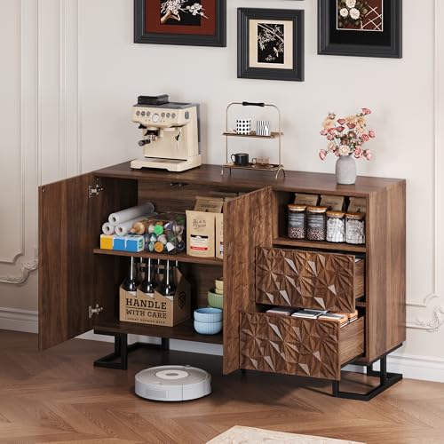 Ligterra Sideboard, Beistellschrank, Kommoden&Sideboards, Walnussoptik, Blattrelief Metallbeine, 2 Türen und 2 Schubladen, Geeignet für Esszimmer, Wohnzimmer Oder Flur, 120×40×78.5 cm (Braun) von Ligterra