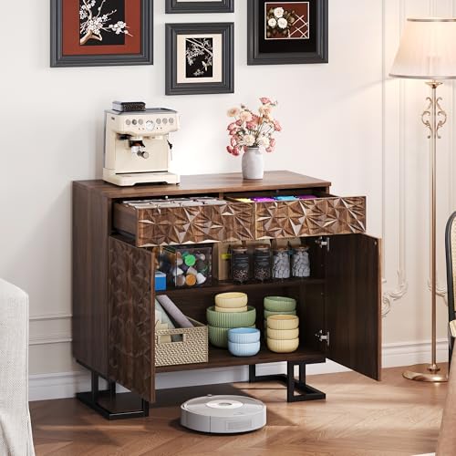 Ligterra Sideboard, Beistellschrank, Kommoden&Sideboards, Walnussoptik, Blattrelief Metallbeine, 2 Türen und 2 Schubladen, Grifflose Anrichte für Wohnzimmer&Esszimmer, 80×40×78cm (Braun) von Ligterra