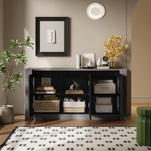 Ligterra Sideboard, Hochglanz Farblich Passender Kabinett, Griffloses Design, mit Dämpfungsscharnieren und Verstellbaren Einlegeböden（Schwarz+Grau） von Ligterra