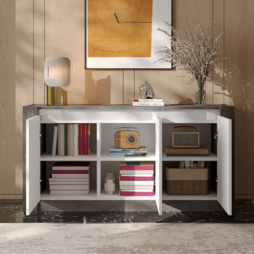 Ligterra Sideboard, Hochglanz Farblich Passender Kabinett, Griffloses Design, mit Dämpfungsscharnieren und Verstellbaren Einlegeböden（Weiß+Grau） von Ligterra