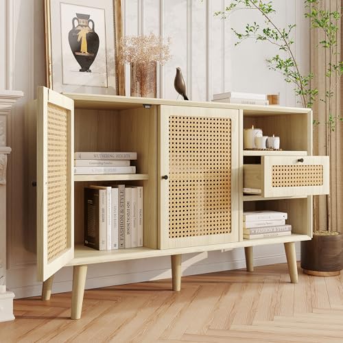 Ligterra Sideboard, Kommode mit 1 Schubladen und 2 Magnetische Türen, Rattangeflecht auf den Türfronten, Beine aus massivem Holz,Schwarz Metall Bügelgriff,verstellbare Ablagen,Eiche,120x 40x80cm Ligterra Sideboard, Kommode mit 1 Schubladen und 2 Magnetische Türen, Rattangeflecht auf den Türfronten, Beine aus massivem Holz,Schwarz Metall Bügelgriff,verstellbare Ablagen,Eiche,120x 40x80cm von Ligterra