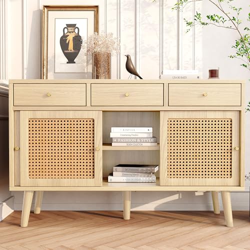 Ligterra Sideboard, Kommode mit 3 Schubladen und 3 Schiebetüren, Rattangeflecht auf den Türfronten, Beine aus massivem Holz, Golden Metall Bügelgriff,verstellbare Ablagen,Eiche,120x 40x78cm Ligterra Sideboard, Kommode mit 3 Schubladen und 3 Schiebetüren, Rattangeflecht auf den Türfronten, Beine aus massivem Holz, Golden Metall Bügelgriff,verstellbare Ablagen,Eiche,120x 40x78cm von Ligterra