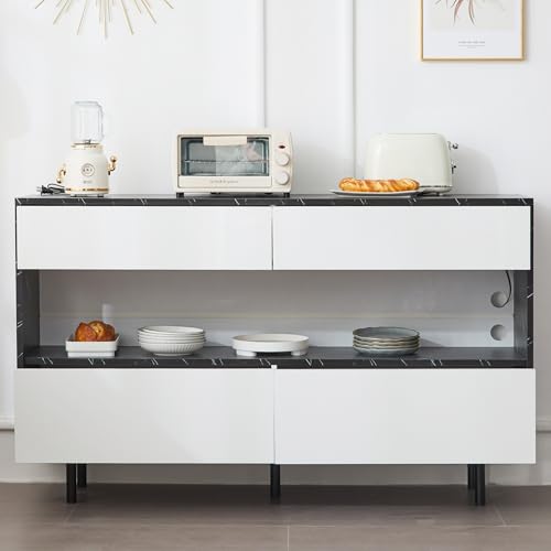 Ligterra Sideboard, Küchenschrank, Aufbewahrungsschrank, Marmor-Design, Offenem Stauraum, 4 Schubladen und LED-Beleuchtung, für Küchen, ESS-und Wohnbereiche, 150x35x89,5cm (Schwarz+Weiß) von Ligterra