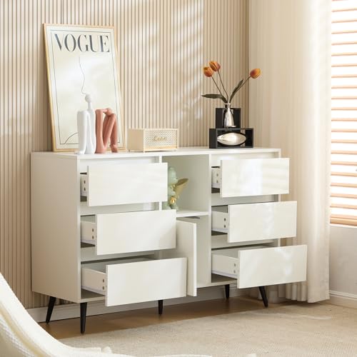 Ligterra Sideboard, Küchenschrank, Aufbewahrungsschrank, mit LED-Beleuchtung, 6 Schubladen und 2 Türen, Mattschwarzen Metallbeinen, für Küchen, ESS-und Wohnbereiche, 120x40x80 cm (Weiß) von Ligterra