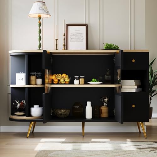 Ligterra Sideboard Esszimmer Wohnzimmer Aufbewahrungsschränke mit Glasschiebetüren und LED-Leuchten Holzanrichte Freistehende Schränke Buffetschränke Küchenmöbel Schwarz von Ligterra