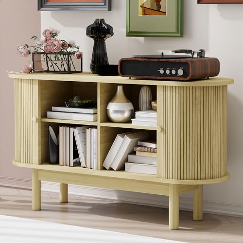 Ligterra Sideboard - Kommode mit Lamellen-Optik Schiebetüren - Moderner Retro Look - 2 Einlegeböden & hohe Metallfüße - Eiche Smoked Furniert 140x76x45cm von Ligterra