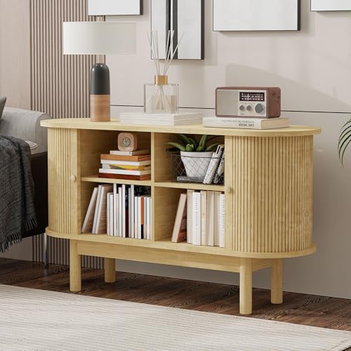 Ligterra Sideboard - Kommode mit Lamellen-Optik Schiebetüren - Moderner Retro Look - 2 Einlegeböden & hohe Metallfüße - Eiche Smoked Furniert 140x76x45cm von Ligterra