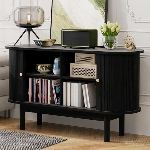 Ligterra Sideboard - Kommode mit Lamellen-Optik Schiebetüren - Moderner Retro Look - 2 Einlegeböden & hohe Metallfüße - Eiche Smoked Furniert 140x76x45cm von Ligterra