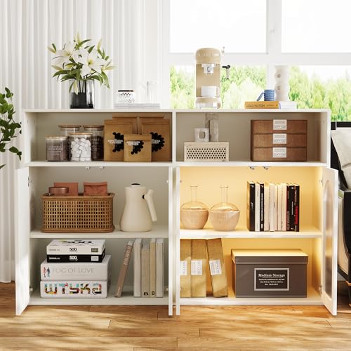 Ligterra Sideboard Schrank mit Glastür mit LED-Licht freistehender Holzschrank Holzschrank Küche Zuhause Wohnzimmer weiß 140×35×90cm von Ligterra