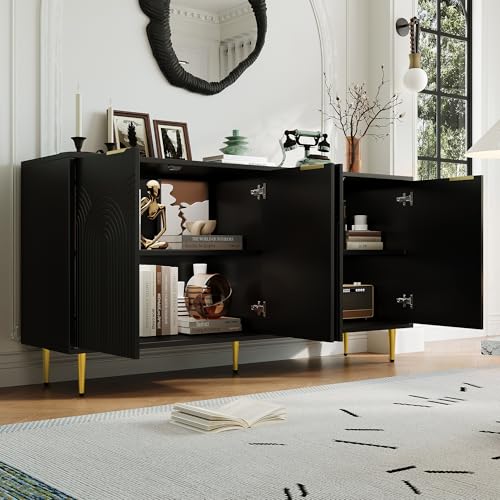 Ligterra Sideboard Wohnzimmer, Storage Cabinet, Wohnzimmerschrank, Kommode mit 4 Türen Goldene Gebürstete Griffe und Hochglanz Tischbeine Komodenschrank, maße 160×80×40 cm (Schwarz) von Ligterra