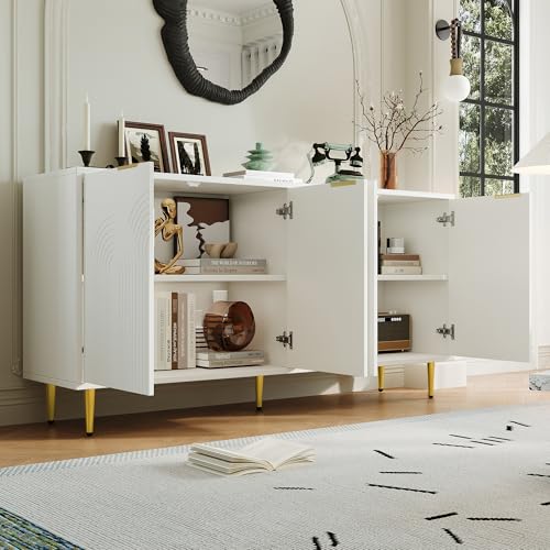 Ligterra Sideboard Wohnzimmer, Storage Cabinet, Wohnzimmerschrank, Kommode mit 4 Türen Goldene Gebürstete Griffe und Hochglanz Tischbeine Komodenschrank, maße 160×80×40 cm (Weiß) von Ligterra