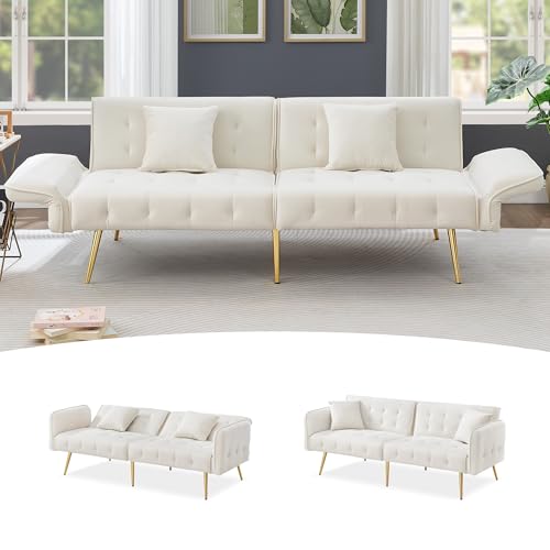 Ligterra Sofa 2 sitzer ，Sofa mit schlaffunktion， Modernes Faltsofabett mit Veloursbezug und mehrstelligen Armlehnen (Ancient White) von Ligterra