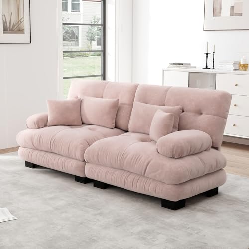 Ligterra Sofa mit Schlaffunktion, Sofa 2 Sitzer, Cloud Ecksofa für Wohnzimmer, Chenille Doppelsofa mit 2 Lendenkissen und 2 Dekokissen, Massivholzrahmen Rosa (Braun) von Ligterra