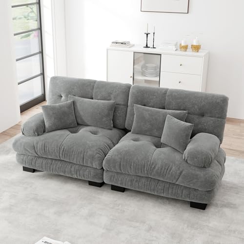 Ligterra Sofa mit Schlaffunktion, Sofa 2 Sitzer, Cloud Ecksofa für Wohnzimmer, Chenille Doppelsofa mit 2 Lendenkissen und 2 Dekokissen, Massivholzrahmen Rosa (Grau) von Ligterra