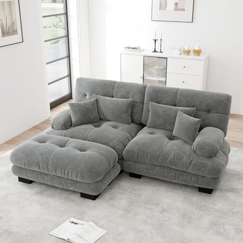 Ligterra Sofa mit Schlaffunktion, Sofa 2 Sitzer Cloud Ecksofa für Wohnzimmer, Chenille Doppelsofa mit 2 Lendenkissen und 2 Dekokissen, Polstersofa mit Breiten Armlehnen und Ottoman, Grau von Ligterra