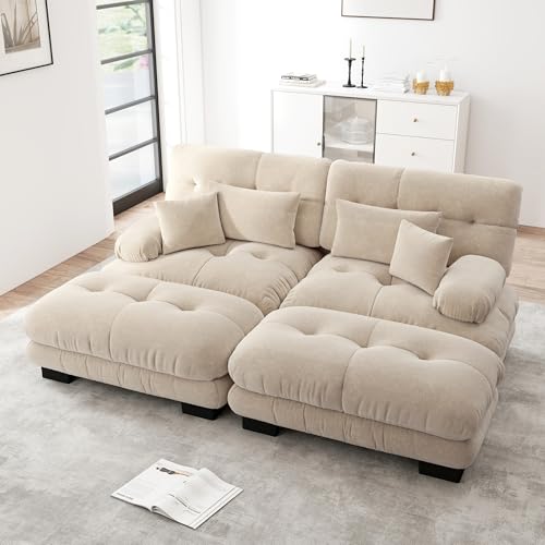 Ligterra Sofa mit Schlaffunktion, Sofa 2 SitzerCloud Ecksofa für Wohnzimmer, Chenille Doppelsofa mit 2 Lendenkissen und 2 Dekokissen, Polstersofa mit Breiten Armlehnen und 2 Ottomans, Braun von Ligterra