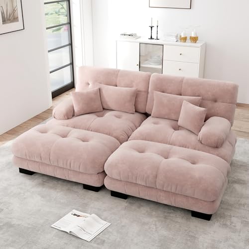 Ligterra Sofa mit Schlaffunktion, Sofa 2 SitzerCloud Ecksofa für Wohnzimmer, Chenille Doppelsofa mit 2 Lendenkissen und 2 Dekokissen, Polstersofa mit Breiten Armlehnen und 2 Ottomans, Rosa von Ligterra