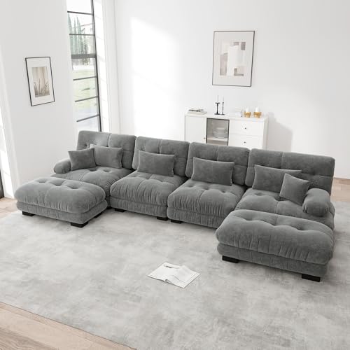 Ligterra Sofa mit Schlaffunktion, U Sofa mit Schlaffunktion, Modulares Ecksofa, U-förmiges Couch Set, 4-Sitzer Komfortable Cloud Couches mit beweglichem Ottoman, DIY-Kombination, Grau von Ligterra