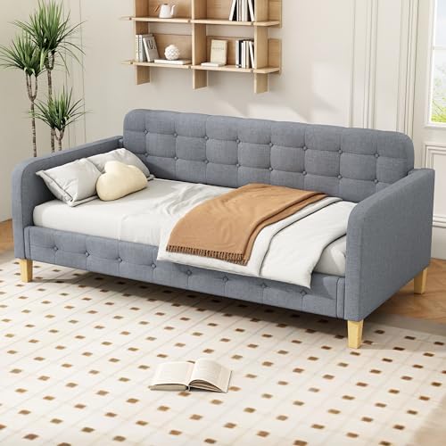 Ligterra Sofabett Tagesbett 90x200cm mit Knopfnagel-Dekor Modernes Klappbett in Beige Elegantes Schlafsofa mit Tagesfunktion Einfacher Aufbau von Ligterra