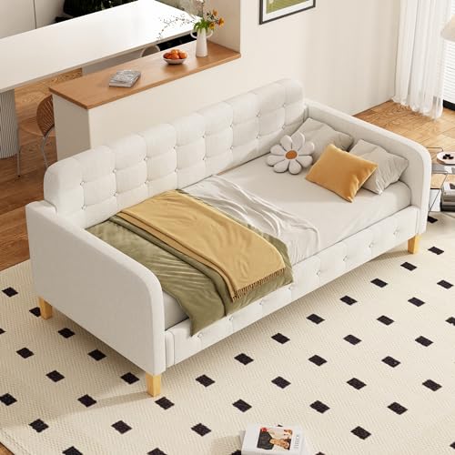 Ligterra Sofabett Tagesbett 90x200cm mit Knopfnagel-Dekor Modernes Klappbett in Beige Elegantes Schlafsofa mit Tagesfunktion Einfacher Aufbau von Ligterra