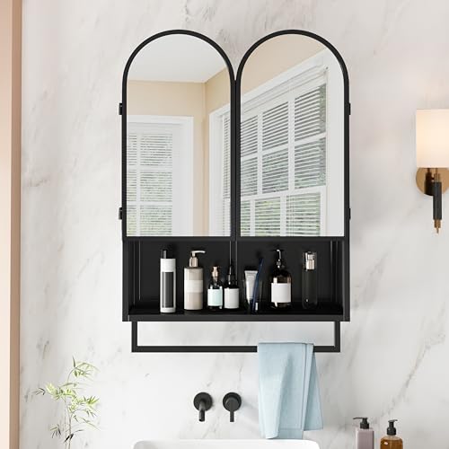 Ligterra Spiegelschrank, Spiegelschrank Bad, Doppelbogen-Mirror Cabinet, 2-Türiger Medizinschrank, Metall-Wandschrank mit Offenem Regal und Handtuchhalter mit Stauraum, 60×20×83cm (Schwarz) von Ligterra
