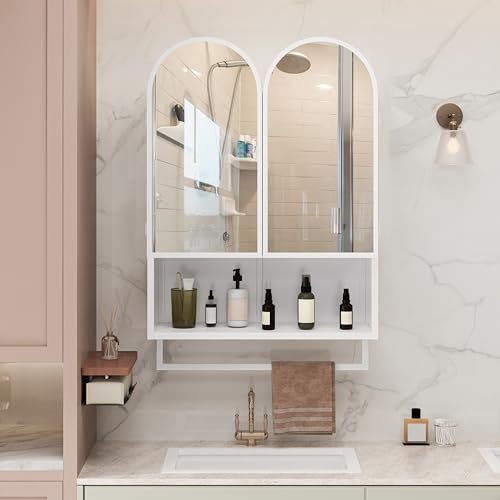 Ligterra Spiegelschrank, Spiegelschrank Bad, Doppelbogen-Mirror Cabinet, 2-Türiger Medizinschrank, Metall-Wandschrank mit Offenem Regal und Handtuchhalter mit Stauraum, 60×20×83cm (Weiß) von Ligterra
