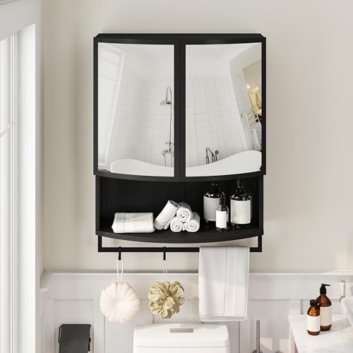Ligterra Spiegelschrank, Spiegelschrank Bad, Doppeltür aus Glas mit Bruchsicherem Spiegel Ohne Glas, Doppellagiger Aufbewahrung, Offenem Regal und Handtuchhalter, 60×22.5×80cm (Schwarz) von Ligterra