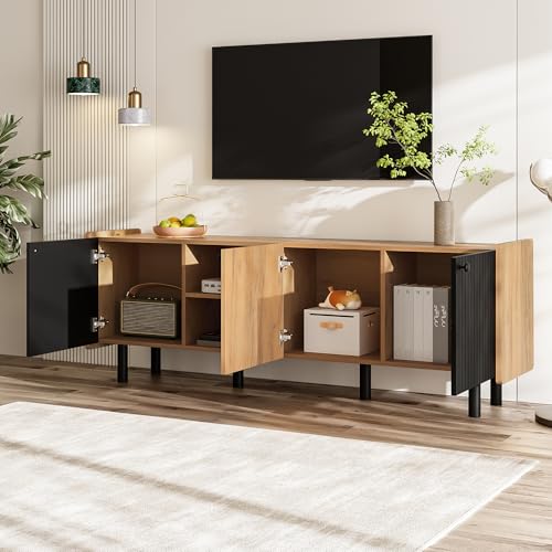 Ligterra TV-Schrank, TV-Lowboard, Fernsehschrank, mit DREI Türen und Zwei Offenen Fächern, Großer Stauraum, Passend Zu Jeder Wohnzimmereinrichtung, 160 * 38 * 57cm (Schwarz + Holz) von Ligterra