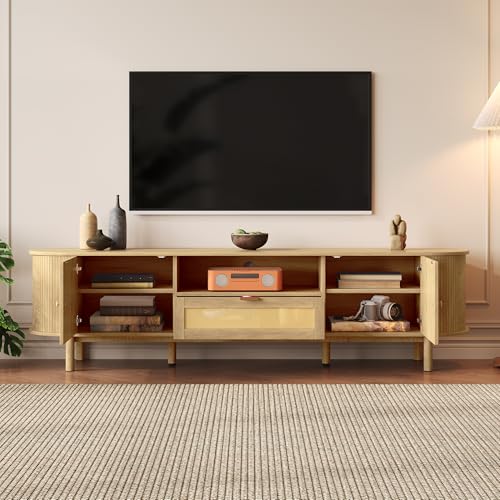 Ligterra TV-Schrank, TV-Lowboard, mit Rattan-Schubladen mit Offenen Fächern, Abgerundeter Tischplatte, Metallbeinen in Holzoptik, Multifunktionales Wohnzimmermöbel, 175 * 36 * 51cm (Natur) von Ligterra