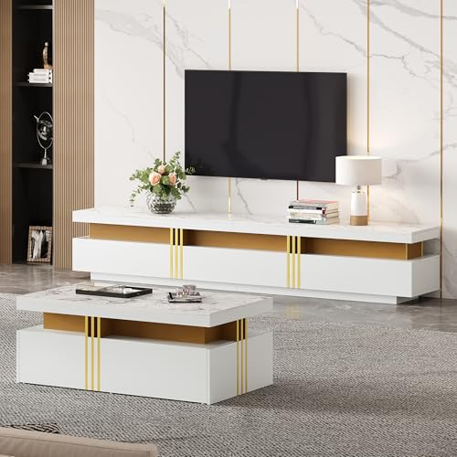 Ligterra Weißes TV-Wandschrank Set mit Couchtisch Multifunktionales Aufbewahrungs-Set fürs Wohnzimmer Wandschrank-Set TV-Schrank von Ligterra