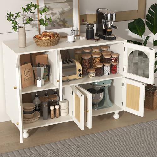 Ligterra Weißes modernes Esszimmer-Sideboard, Lange Glastür im Regenbogen-Design, klaviertastenförmige Tür, runde Säulenbeine, stilvoller Aufbewahrungsschrank, geeignet für Esszimmer und Wohnzimmer von Ligterra
