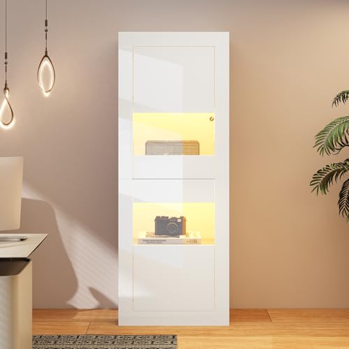 Glas VitrinenWeiß - Weiß Hochglanz mit LED-Beleuchtung - 3 Glasfächer - 162cm Hochschrank (61 * 42 * 162 cm) - Vitrine, Stehschrank, Lagerschrank ﻿ von Ligterra