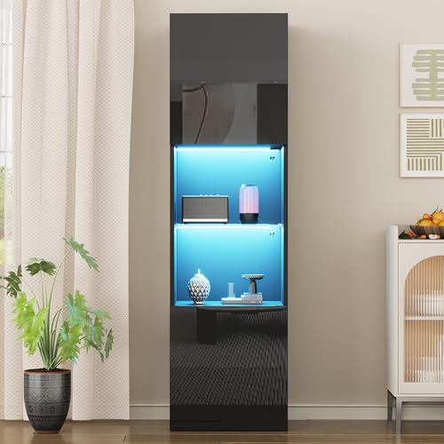 Glas Vitrinenschwarz - Schwarzer Hochglanz mit LED-Beleuchtung - 3 Glasfächer - 160cm Hochschrank (45 * 35 * 160 cm) - Vitrine, Stehschrank, Lagerschrank ﻿ von Ligterra