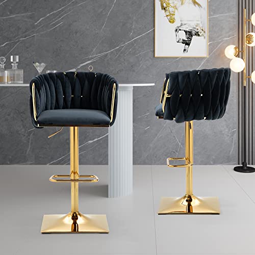 Moderne Mode einstellbare Samt hohe Barhocker, Hand gewebt Swivel Barhocker, Satz von 2, höhenverstellbar, Gold Barhocker mit Fußstütze Edelstahl Basis für Küche und Bar (schwarz, Satz von 2) von Ligterra