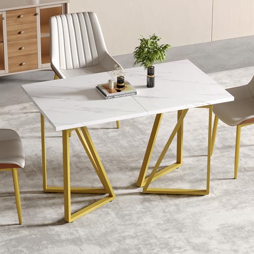 Moderner Esstisch mit Marmor-Muster, erweiterbar, mit verstellbaren Fußpolstern, ideal für Esszimmer und Küchen (Weiß+Gold) von Ligterra