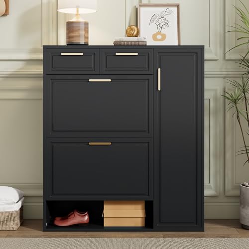 Moderner schwarz Schuhschrank , Klapptüren Schuhregal, Schubladen & goldenen Griffen Mit verstellbaren Regalen H107.5 x B95 x D24 cm Moderner schwarz Schuhschrank , Klapptüren Schuhregal, Schubladen & goldenen Griffen Mit verstellbaren Regalen H107.5 x B95 x D24 cm von Ligterra