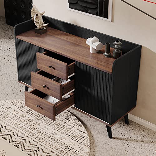 Modernes Sideboard mit 3 Schubladen & Stauraumregalen Exquisite Holzmaserung Schlafzimmer & Wohnzimmer Aufbewahrungsmöbel in eleganter Holzoptik.H80/L117,5/T40 cm（Black） von Ligterra
