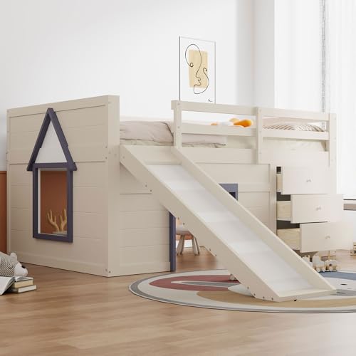 Niedriges Hochbett mit Rutsche, Hochbett, Kinderbett mit Rutsche, 140x200 Einzelbett, DREI Schubladen und Zwei Türen, Leiter und Rausfallschutz, Ohne Matratze, 213 * 145 * 107cm (Creme) von Ligterra