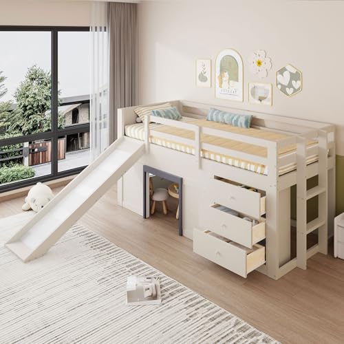 Niedriges Hochbett mit Rutsche, Hochbett, Kinderbett mit Rutsche, 90x200 Einzelbett, DREI Schubladen und Zwei Türen, Leiter und Rausfallschutz, Ohne Matratze, 213 * 95 * 107cm (Creme) von Ligterra