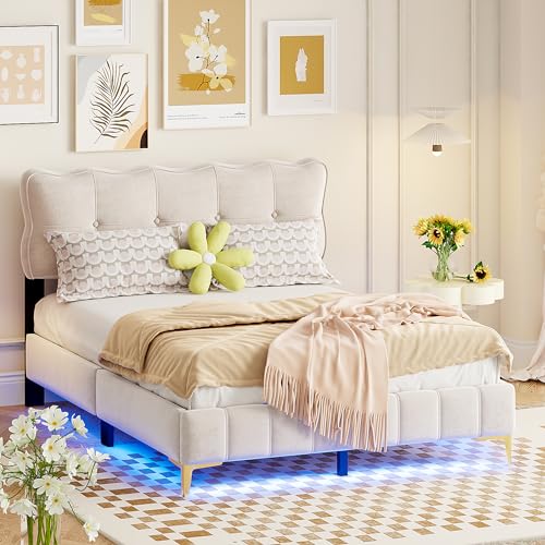 Polsterbett 140 x 200 cm, Jugendbett, Doppelbett mit LED-Leuchten mit Rückenlehne mit Lattenrost Samtstoff hohe Metallfüße Beige (Matratze Nicht im Lieferumfang enthalten) von Ligterra