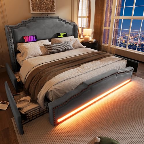 Polsterbett 160×200, Doppelbett mit 4 Schubladen, LED-Beleuchtung und USB-C-Ladeanschluss, Stauraumbett und Jugendbett mit Lattenrost, Samt, Grau, ohne Matratze Polsterbett 160×200, Doppelbett mit 4 Schubladen, LED-Beleuchtung und USB-C-Ladeanschluss, Stauraumbett und Jugendbett mit Lattenrost, Samt, Grau, ohne Matratze von Ligterra