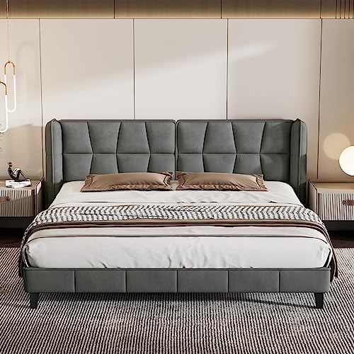 Polsterbett 160x200 cm Doppelbett mit Lattenrost & Kopfteil Jugendbett mit Holzlatten-Unterstützung Einfache Montage Samtbezug Grau Schlafzimmermöbel von Ligterra