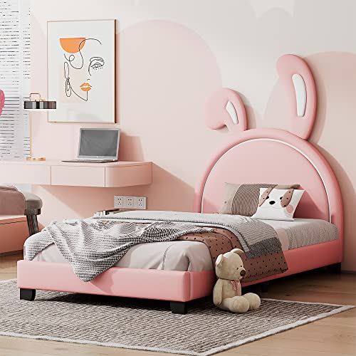 Polsterbett 90 * 200cm, Kinderbett mit Lattenrosten und Rückenlehne, Mädchenbett in Hasenohrform mit Erhöhten Füßen, Rosa (Matratze Nicht enthaltet) von Ligterra