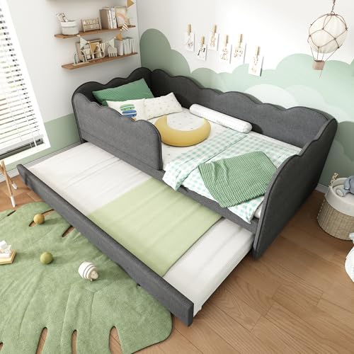 Polsterbett Daybett, Bett 90x190cm, Jugendbett Hochbett, Kinderbett, Bodenbett, mit Ausziehbett, mit Lattenrost, Leinen, ohne Matratze, 197×99×70cm (Grau) von Ligterra