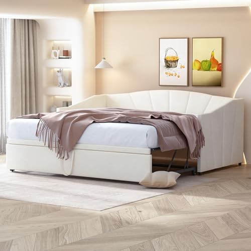schlafsofa ausziehbar 90/180x200 cm - Multifunktionsbett mit Lattenrosten, hautfreundlicher weicher Samtstoff in Beige (Ohne Matratze) von Ligterra