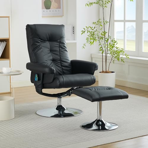 Relaxsessel mit Massage & Heizung – Elektrischer Fernsehsessel mit Liegefunktion, 360° drehbar, inkl. Hocker – PU-Leder Schwarz von Ligterra