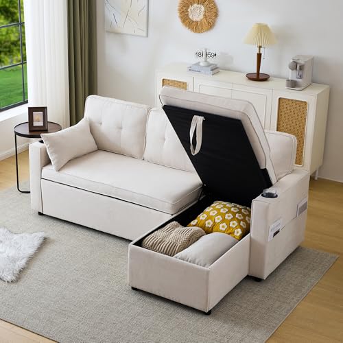 Schlafsofa mit Schlaffunktion, L-förmiges Sofa, Modernes Design, Polstermöbel, Loungesessel mit Stauraum, mit Getränkehalter, Wohnzimmer-Schlafsofa, Links und Rechts Austauschbar von Ligterra
