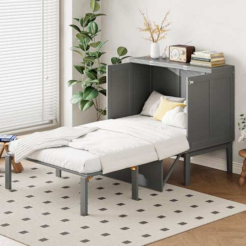 Schrankbett 90x200 cm Doppelbett grau Wandklappbett mit Lattenrost Platzsparendes Jugendbett Vertikales Klappbett Schrankbett 90x200 cm Doppelbett grau Wandklappbett mit Lattenrost Platzsparendes Jugendbett Vertikales Klappbett von Ligterra