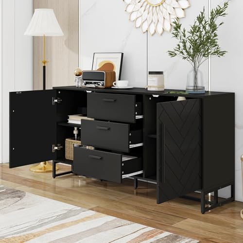 Schwarzes Elegantes Sideboard mit Fischgrätenmuster, mit 2 Türen und 3 Schubladen für Esszimmer, Küche und Wohnzimmer von Ligterra