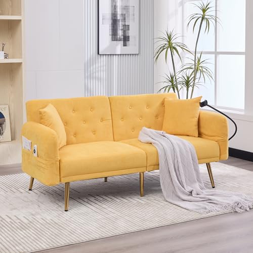 Sofa 2 Sitzer, Sofa mit Schlaffunktion, Schlafcouch, Verstellbarer Rückenlehne, Zwei USB-Anschlüsse, Handyhalter, Seitentasche, für Wohnzimmer, Schlafzimmer 173 * 78 * 78cm (Gelb) von Ligterra